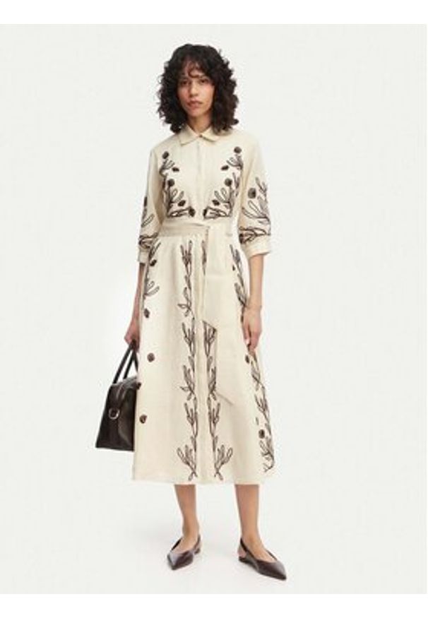 Marella Sukienka koszulowa Banda 2613221232 Beżowy Regular Fit. Kolor: beżowy. Materiał: len. Typ sukienki: koszulowe