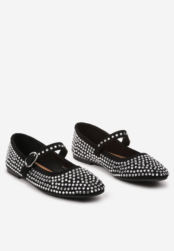 Born2be - Czarne Płaskie Cyrkoniowe Balerinki w Stylu Mary Jane Omesia. Okazja: na co dzień, na spotkanie biznesowe. Zapięcie: sprzączka. Kolor: czarny. Materiał: jeans, jedwab. Styl: biznesowy, klasyczny, elegancki, casual