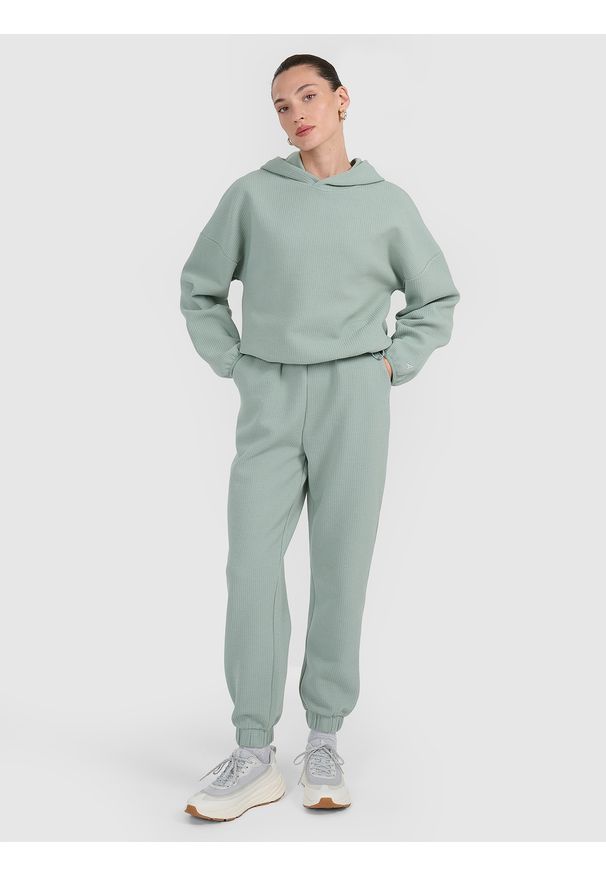 4f - 4F Bluza dresowa z waflowej dzianiny damska - turkusowa XS. Okazja: na co dzień. Kolor: turkusowy. Materiał: dzianina, dresówka. Styl: casual, sportowy