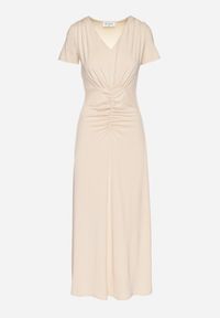 Born2be - Jasnobeżowa Sukienka z Marszczeniami Taliowana z Dodatkiem Wiskozy Arelona. Okazja: na co dzień. Typ kołnierza: dekolt w kształcie V. Kolor: beżowy. Materiał: wiskoza. Długość rękawa: krótki rękaw. Typ sukienki: proste. Styl: casual #7