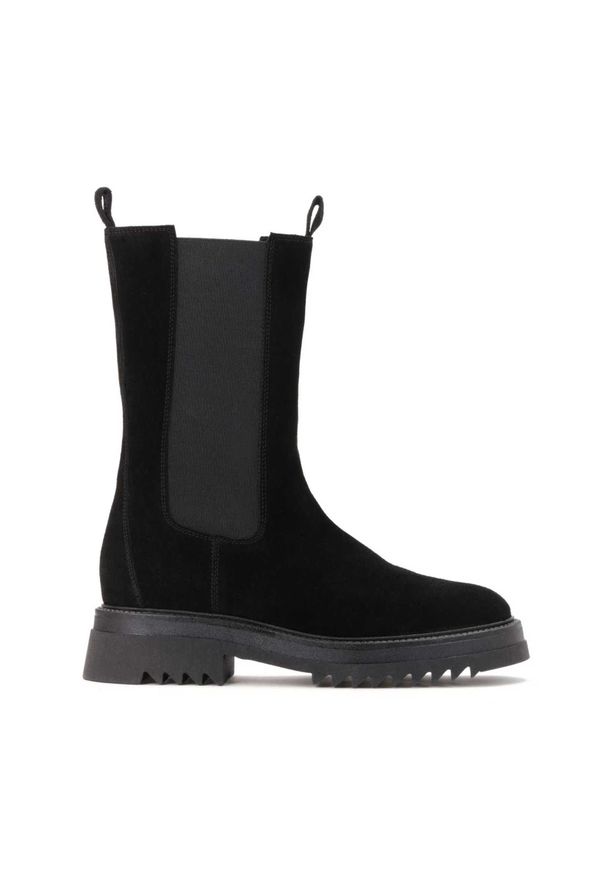 Kazar - Czarne trzewiki damskie. Wysokość cholewki: przed kolano. Kolor: czarny. Materiał: zamsz. Szerokość cholewki: normalna. Wzór: moro. Styl: elegancki, militarny