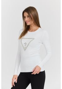 Guess - GUESS Biały damski sweter Rylie Triangle z dużym logo, Rozmiar S. Kolor: biały. Materiał: poliester, wiskoza, elastan, materiał. Długość rękawa: długi rękaw. Długość: długie. Styl: elegancki, klasyczny #6