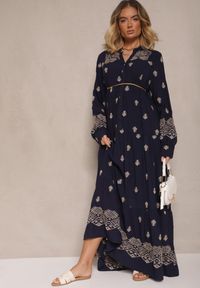 Renee - Niebieska Rozkloszowana Sukienka Ozdobiona Haftem i Wzorem Boho Ronavere. Okazja: na co dzień, na spacer. Typ kołnierza: dekolt w serek. Kolor: niebieski. Długość rękawa: długi rękaw. Wzór: aplikacja, haft. Sezon: lato, wiosna. Typ sukienki: proste. Styl: boho #4