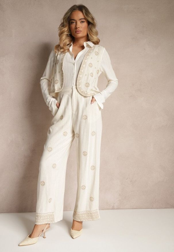 Renee - Beżowe Spodnie z Wiskozą i Lnem High Waist o Szerokim Kroju z Haftem Wilirna. Okazja: na spacer, na imprezę. Stan: podwyższony. Kolor: beżowy. Materiał: len, wiskoza. Wzór: haft. Sezon: lato. Styl: elegancki