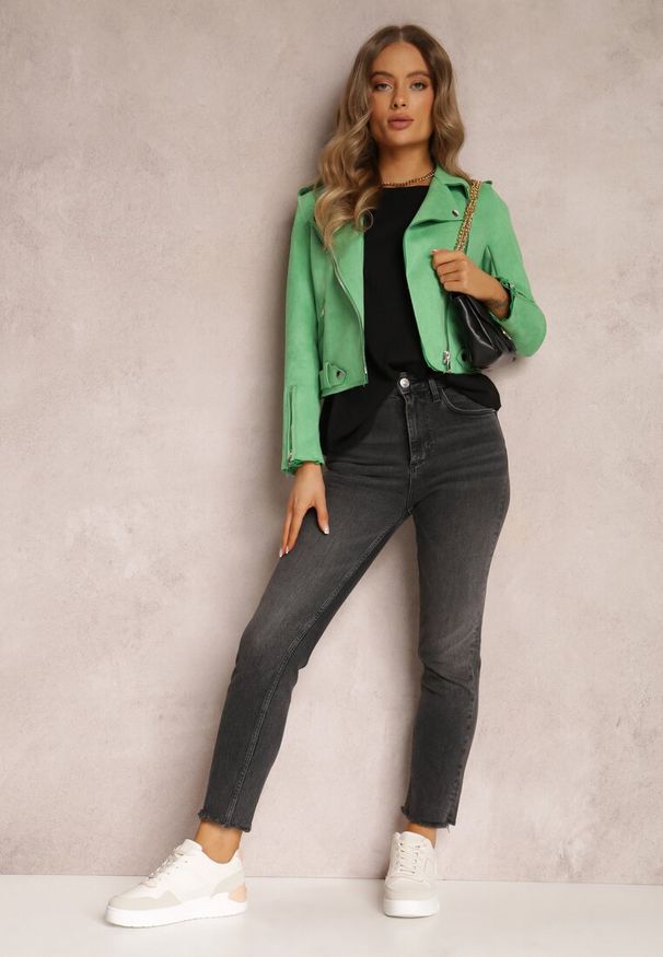 Renee - Jasnozielona Ramoneska Charlee. Kolor: zielony. Materiał: zamsz, jeans. Długość rękawa: długi rękaw. Długość: długie. Wzór: aplikacja. Styl: wizytowy, klasyczny