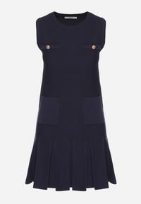 Born2be - Granatowa Dzianinowa Sukienka z Wiskozą Zdobiona Plisami i Imitacją Kieszeni Ravima. Kolor: niebieski. Materiał: wiskoza, dzianina. Wzór: aplikacja. Typ sukienki: trapezowe. Styl: klasyczny, elegancki #3