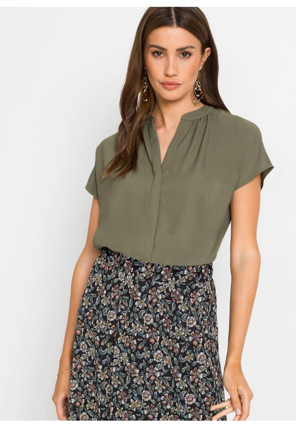 bonprix - Bluzka z krótkim rękawem i krytą plisą guzikową. Typ kołnierza: dekolt w serek. Kolor: zielony. Długość rękawa: krótki rękaw. Długość: krótkie
