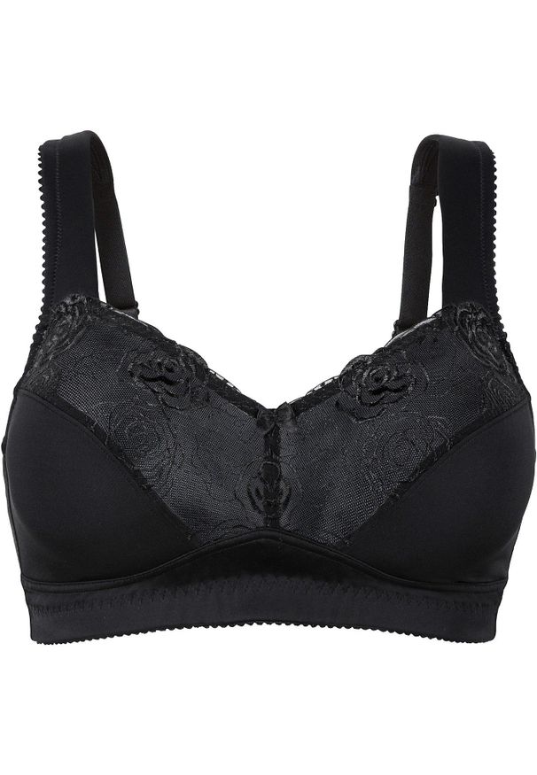 bonprix - Biustonosz minimizer bez fiszbinów z wyściełanymi ramiączkami. Kolor: czarny. Materiał: koronka. Rodzaj stanika: wyściełane miseczki, różne sposoby noszenia. Wzór: haft, kwiaty