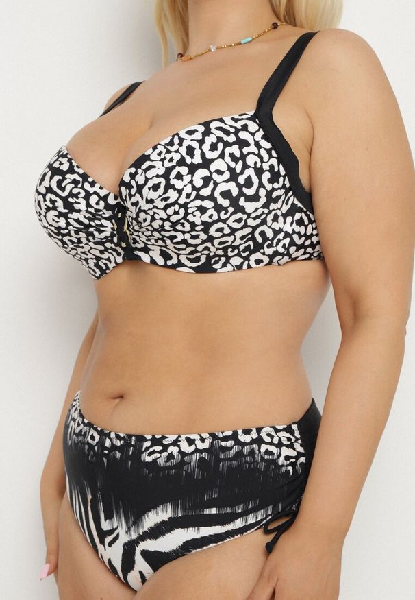 Born2be - Czarne Bikini w Panterkę Biustonosz i Majtki Figi ze Ściągaczem Linuria. Kolekcja: plus size. Kolor: czarny. Wzór: motyw zwierzęcy