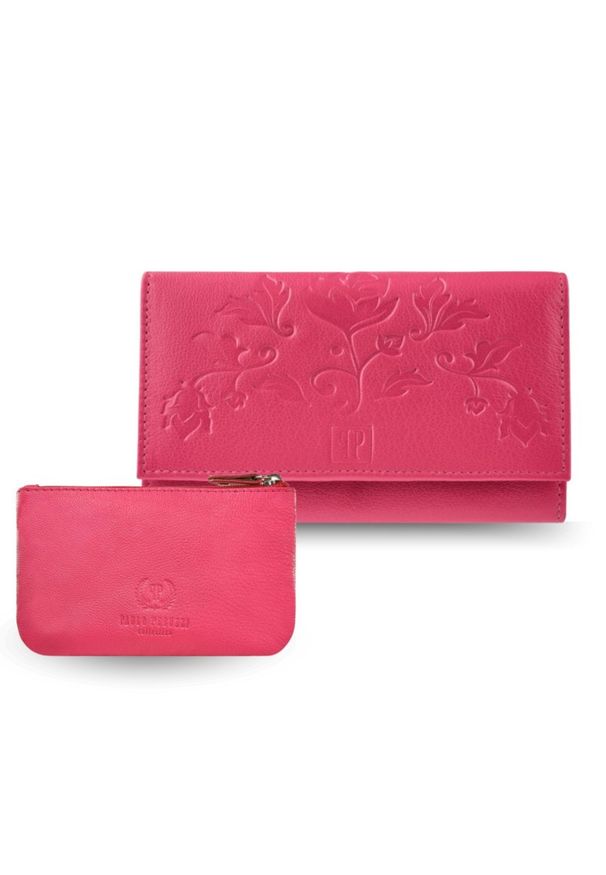 PAOLO PERUZZI - Portfel damski skórzany z kwiatowym wzorem T-45-PI etui na klucze T-51-NPI zestaw prezentowy Paolo Peruzzi ZUP-119-PI. Kolor: różowy. Materiał: skóra. Wzór: kwiaty