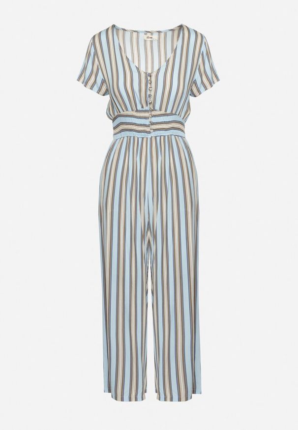 Born2be - Niebieski Wiskozowy Kombinezon z Guzikami przy Dekolcie i Elastyczną Gumką w Talii Tinaleias. Okazja: na co dzień, do pracy. Kolor: niebieski. Materiał: wiskoza. Długość: długie. Wzór: aplikacja. Styl: klasyczny, casual