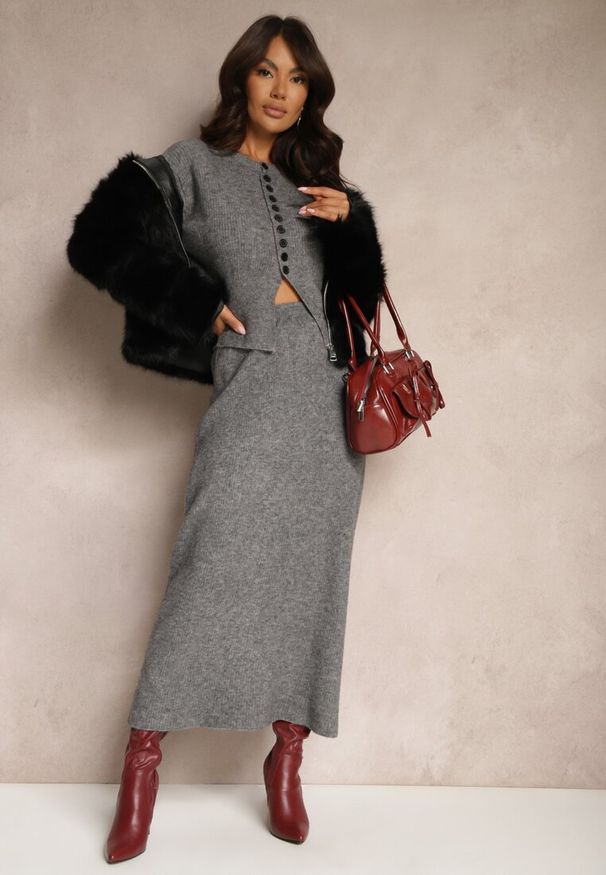 Renee - Ciemnoszary Komplet z Dzianiny z Wełną Kardigan z Guzikami i Spódnica z Gumką w Talii Melzina. Kolor: szary. Materiał: dzianina, wełna