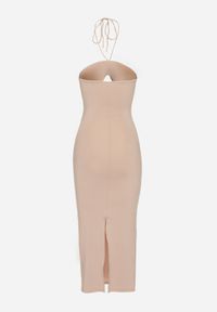 Born2be - Ciemnobeżowa Wiązana Midi Sukienka z Wycięciami i Aplikacjami z Materiału Cherice. Kolor: beżowy. Materiał: materiał. Wzór: aplikacja. Długość: midi #3