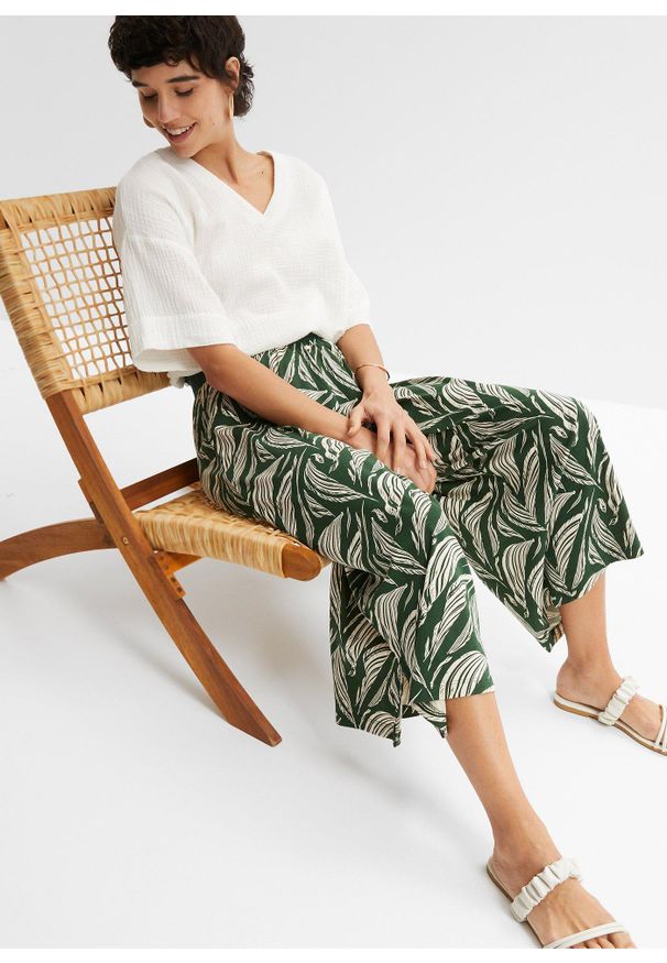 bonprix - Szerokie spodnie z dżerseju z mieszanki bawełny i wiskozy. Kolor: zielony. Materiał: wiskoza, jersey, bawełna. Sezon: lato
