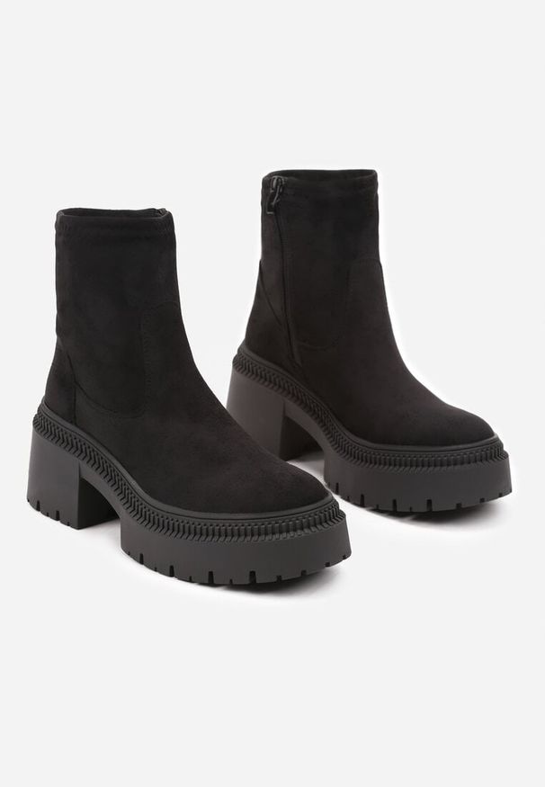 Born2be - Czarne Botki w Stylu Sztybletów z Elastyczną Cholewką Heslania. Okazja: do pracy, na spotkanie biznesowe, na co dzień. Kolor: czarny. Materiał: jeans. Szerokość cholewki: normalna. Styl: biznesowy, casual