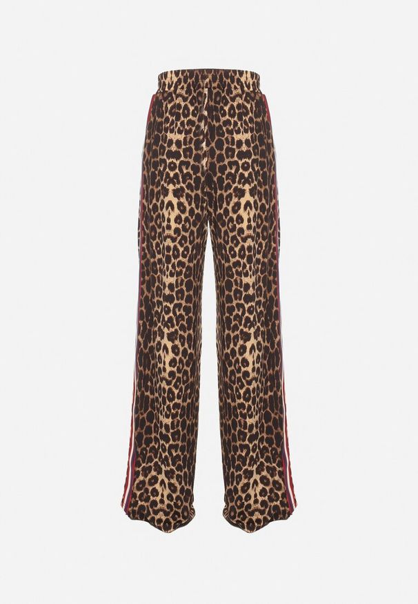 Born2be - Brązowo-Czerwone Szerokie Spodnie w Panterkę z Wiskozą i Gumką w Talii Ozdobione Lampasami Velonara. Okazja: na co dzień. Stan: podwyższony. Kolor: brązowy. Materiał: wiskoza. Wzór: aplikacja, motyw zwierzęcy. Styl: elegancki, casual