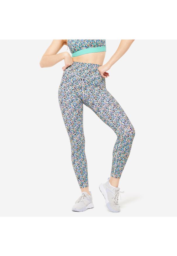 DOMYOS - Legginsy fitness damskie Domyos. Kolor: wielokolorowy. Materiał: materiał, poliamid, poliester, elastan. Sport: fitness