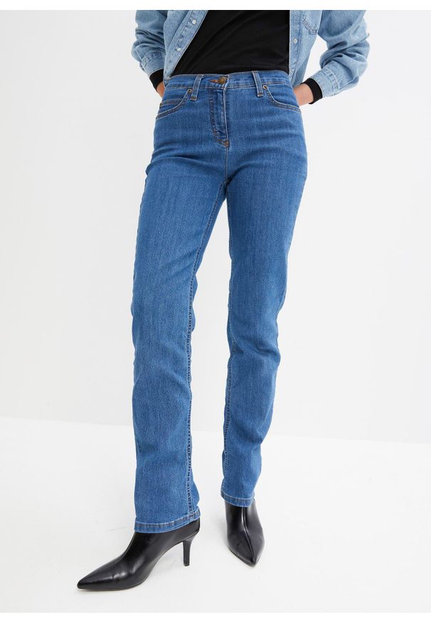bonprix - Dżinsy ze stretchem, straight, mid waist. Stan: podwyższony. Kolor: niebieski. Styl: klasyczny