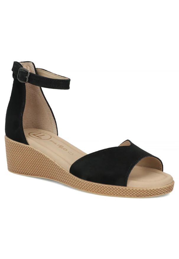 Skórzane sandały damskie na koturnie czarne Filippo DS7635. Kolor: czarny. Materiał: skóra. Sezon: lato. Obcas: na koturnie