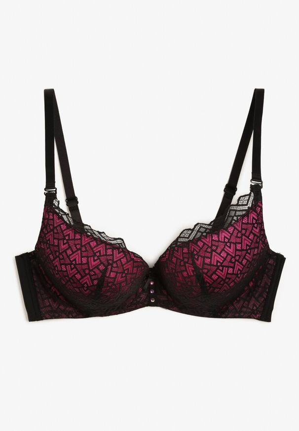 Renee - Czarno-Fuksjowy Koronkowy Biustonosz z Efektem Push-Up Dimettra. Kolor: czarny. Materiał: koronka. Rodzaj stanika: push-up. Wzór: koronka