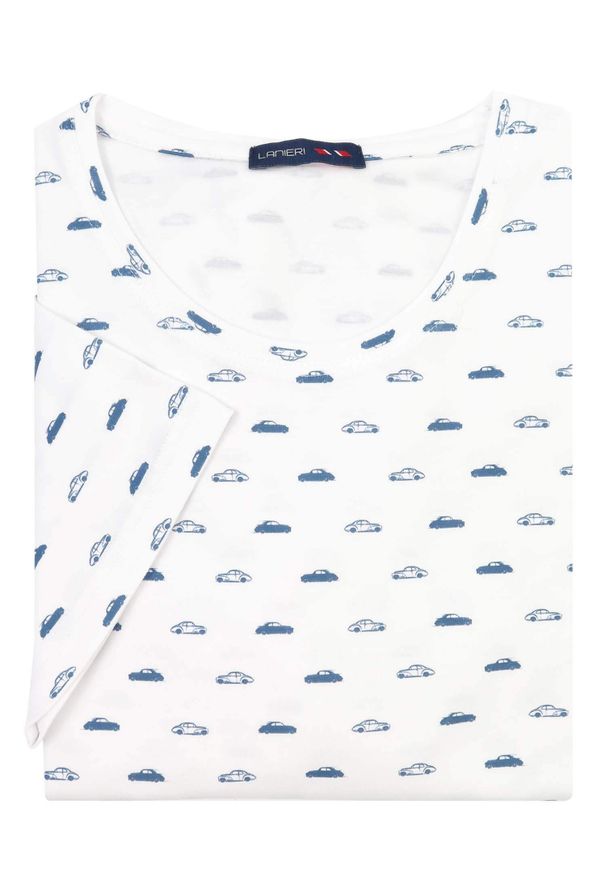 Lanieri Fashion - Męska biała koszulka T-shirt w samochody KTS2. Kolor: biały. Materiał: bawełna, materiał