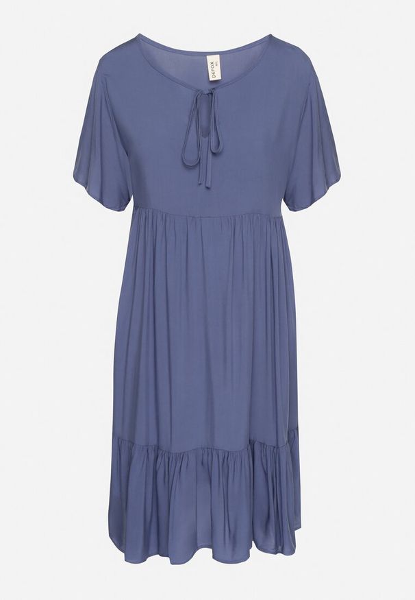 Born2be - Niebieska Sukienka z Bawełny o Rozkloszowanym Kroju z Wiązaniem przy Dekolcie Mepilea. Okazja: na co dzień. Kolor: niebieski. Materiał: bawełna. Długość rękawa: krótki rękaw. Sezon: wiosna, lato. Typ sukienki: rozkloszowane. Styl: klasyczny, casual, elegancki