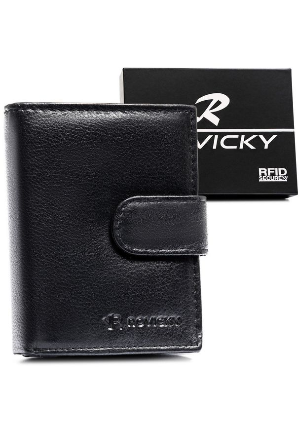 ROVICKY - Pionowy portfel męski ze skóry naturalnej w czarnym kolorze zamykany zatrzaskiem - Rovicky. Kolor: czarny. Materiał: skóra