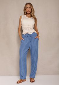 Renee - Niebieskie Spodnie High Waist ze Ściągaczem w Talii i Prostą Nogawką Savonne. Okazja: na co dzień. Stan: podwyższony. Kolor: niebieski. Styl: casual, elegancki