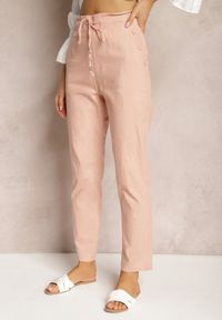 Renee - Różowe Spodnie High Waist ze Sznurkami i Guzikami Arifea. Okazja: na co dzień. Stan: podwyższony. Kolor: różowy. Styl: casual #4
