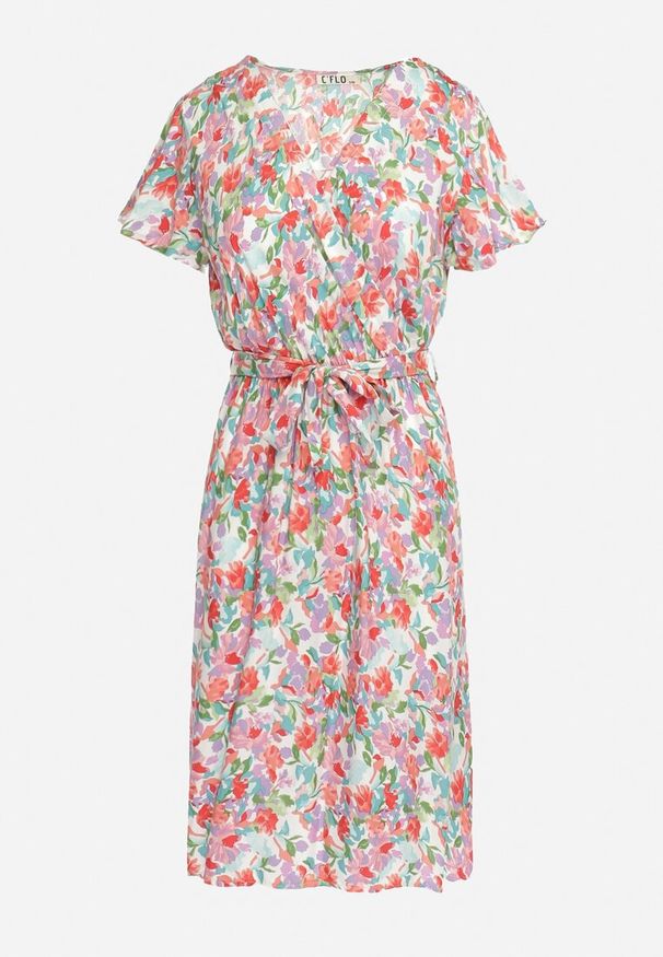 Born2be - Różowo-Niebieska Sukienka Midi z Wiskozowej Tkaniny w Kwiaty Relas. Typ kołnierza: dekolt kopertowy. Kolor: różowy. Materiał: wiskoza, tkanina. Długość rękawa: krótki rękaw. Wzór: kwiaty. Typ sukienki: kopertowe. Styl: wakacyjny. Długość: midi