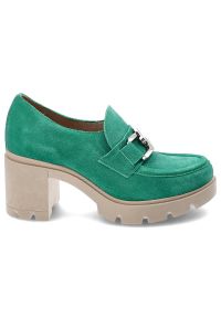 Zielone Półbuty Lemar Damskie Eleganckie Buty. Zapięcie: klamry. Kolor: zielony. Materiał: zamsz. Obcas: na obcasie. Styl: elegancki. Wysokość obcasa: średni #6