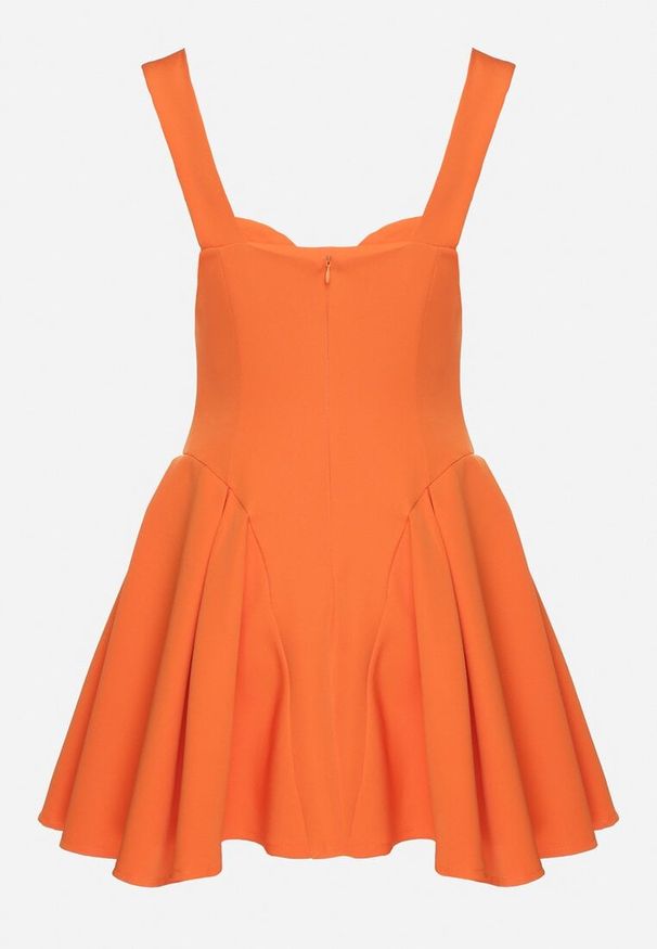 Born2be - Pomarańczowa Rozkloszowana Sukienka z Gorsetową Górą i Dekoltem w Serce Frolami. Okazja: na co dzień. Typ kołnierza: dekolt gorset. Kolor: pomarańczowy. Typ sukienki: gorsetowe. Styl: casual