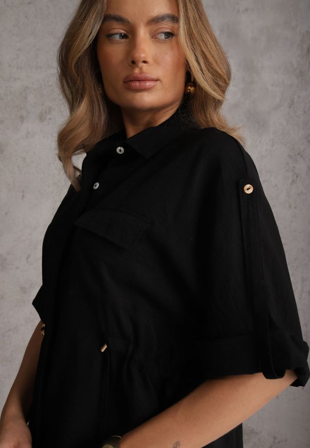 Renee - Czarna Koszula z Bawełną o Nietoperzowym Kroju z Wiązaniem w Stylu Utility Kelathe. Kolor: czarny. Materiał: bawełna