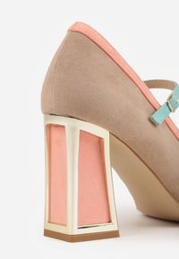 Renee - Ciemnobeżowe Czółenka na Słupku z Metaliczną Wstawką i Paskiem Linnelea. Okazja: do pracy. Zapięcie: pasek. Kolor: beżowy. Obcas: na słupku. Styl: elegancki, wizytowy #6