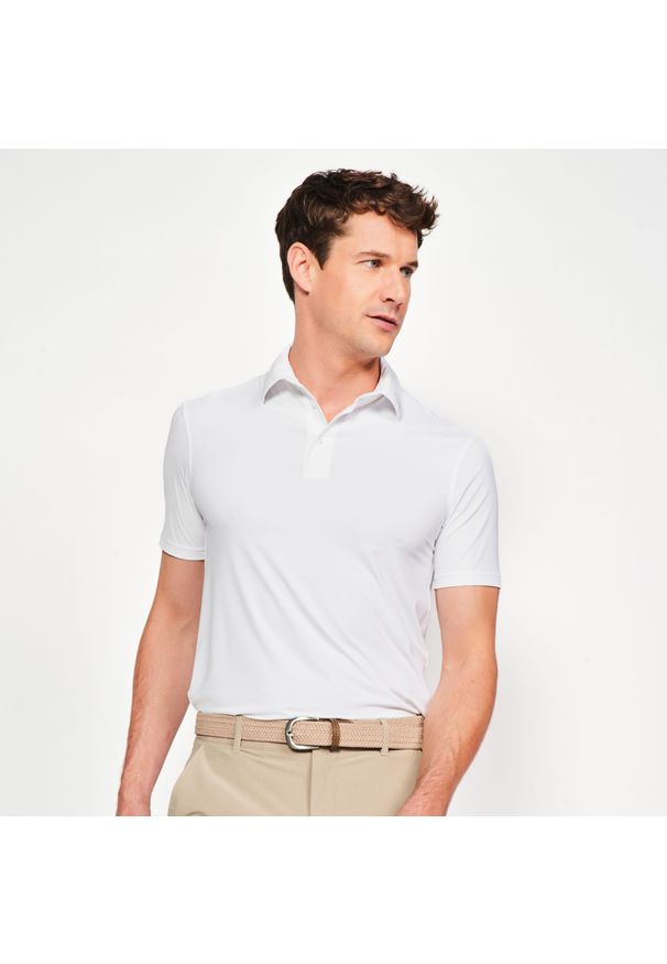 INESIS - Koszulka polo do golfa z krótkim rękawem męska Inesis WW900. Typ kołnierza: golf, polo. Kolor: biały. Materiał: materiał, poliamid, elastan. Długość rękawa: krótki rękaw. Długość: krótkie