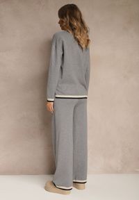 Renee - Szary Komplet Dzianinowy Sweter i Spodnie Wide Leg z Ozdobną Lamówką Ralenia. Kolor: szary. Materiał: dzianina. Wzór: aplikacja #3