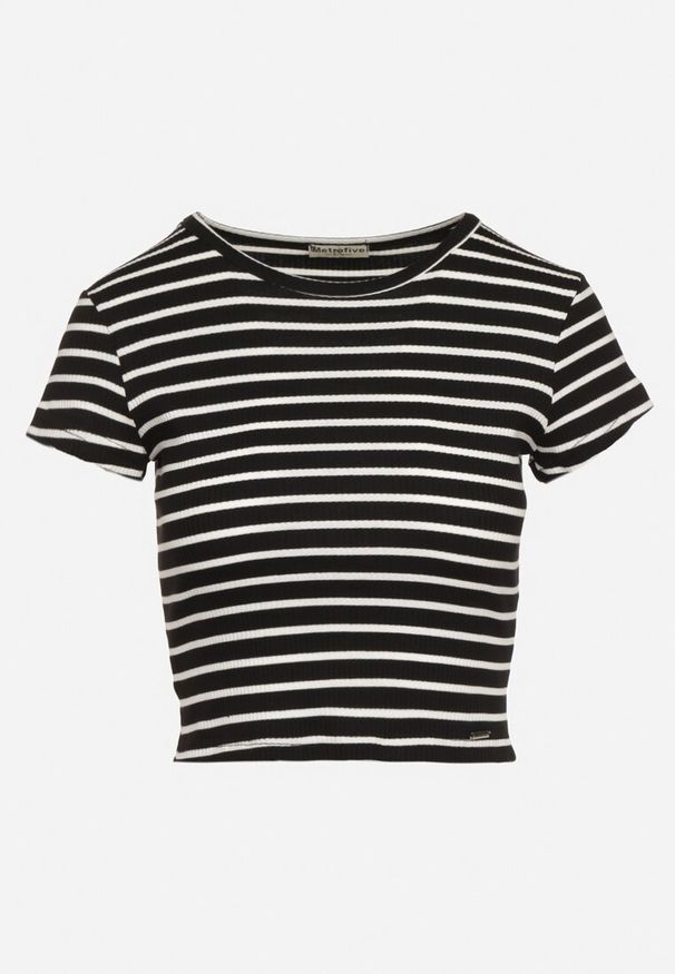Born2be - Czarno-Biały Bawełniany T-shirt Prążkowany o Krótkim Kroju Quedara. Kolor: czarny. Materiał: bawełna, prążkowany. Długość: krótkie. Sezon: lato