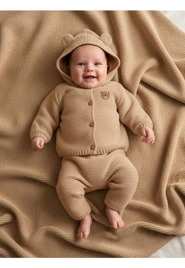 Sinsay - Bawełniana kurtka z uszkami 3D na kapturze - beżowy. Kolor: beżowy. Materiał: bawełna