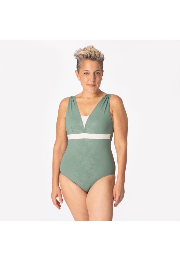 Decathlon - Strój jednoczęściowy damski Nabaiji Aquakokoon kompatybilny z protezą piersi. Kolor: beżowy, wielokolorowy, zielony. Materiał: skóra