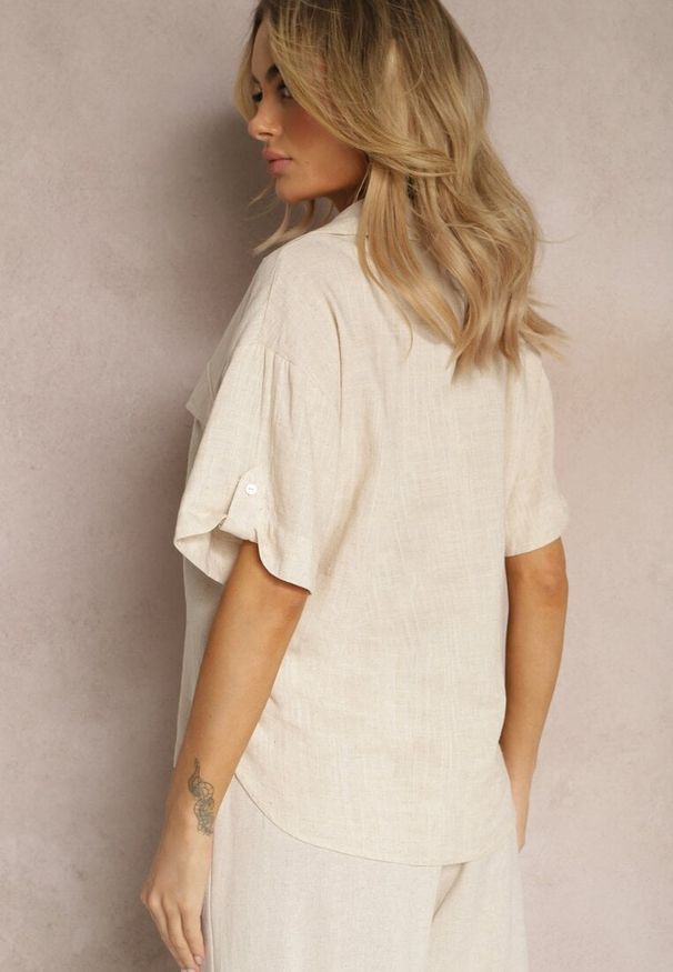 Renee - Jasnobeżowa Bawełniana Koszula z Lnem o Klasycznym Fasonie Leontia. Kolor: beżowy. Materiał: bawełna, len. Styl: klasyczny