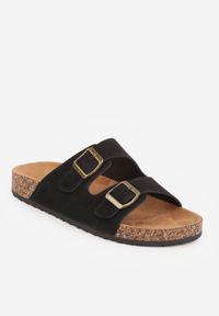 Born2be - Czarne Klapki z Imitacji Zamszu z Korkową Podeszwą i Klamrami Chalose. Okazja: na co dzień. Kolor: czarny. Materiał: zamsz. Styl: casual #6