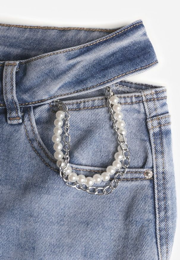 Renee - Niebieskie Jeansy Szerokie z Bawełny High Waist Ozdobione Perełkami i Wycięciami Nenelsea. Okazja: na co dzień. Stan: podwyższony. Kolor: niebieski. Wzór: aplikacja. Styl: casual