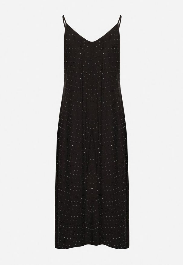 Born2be - Czarna Rozkloszowana Sukienka z Wiskozy z Cyrkoniami Ellitana. Okazja: na co dzień. Kolor: czarny. Materiał: wiskoza. Sezon: lato. Styl: klasyczny, casual, elegancki