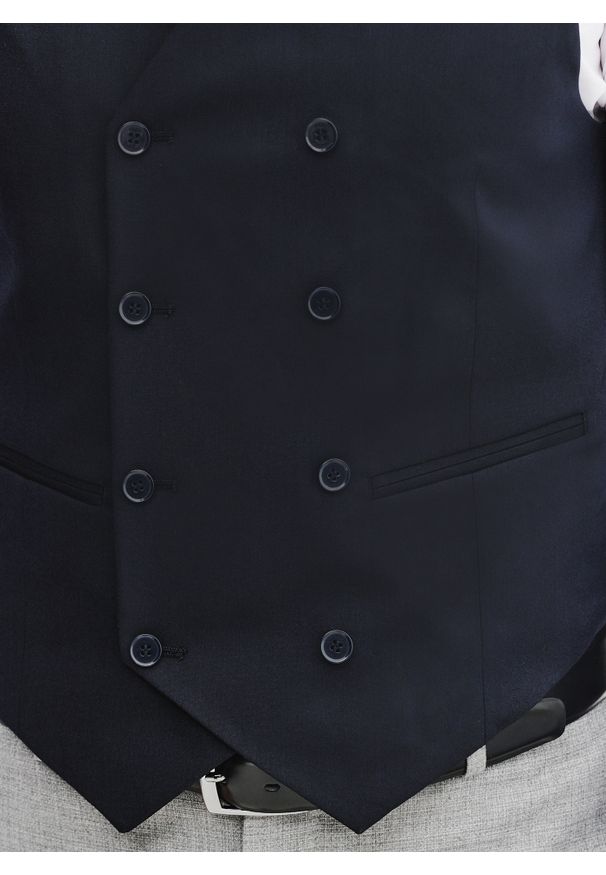 Pako Lorente - PAKO LORENTE – Granatowa dwurzędowa kamizelka męska. Okazja: na studniówkę. Kolor: czarny, niebieski. Materiał: poliester, elastan, wiskoza. Styl: elegancki, młodzieżowy