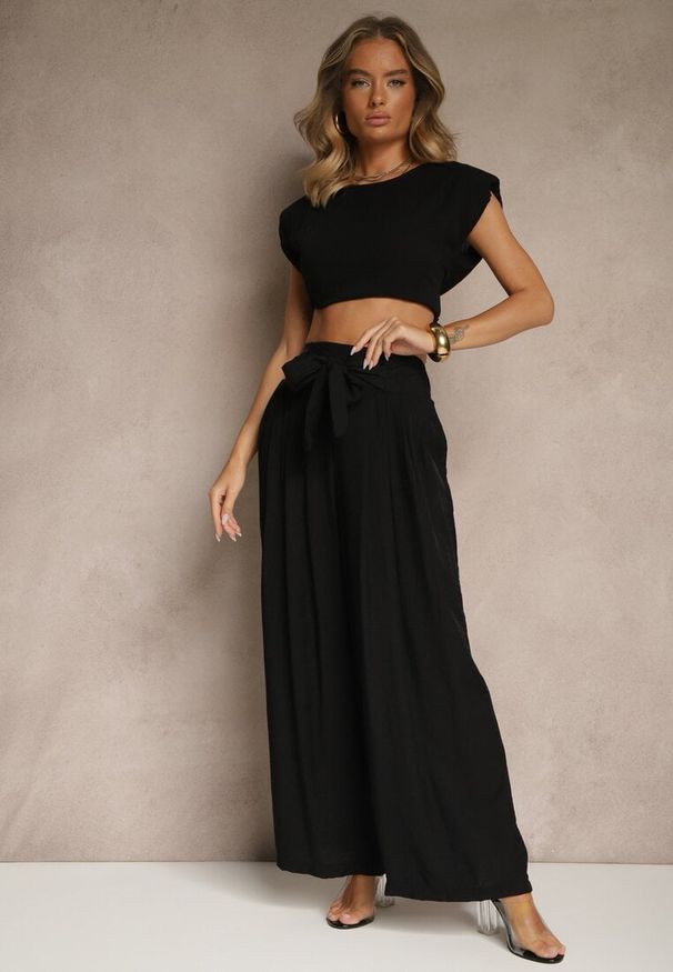 Renee - Czarne Wiskozowe Spodnie High Waist o Szerokim Kroju Aranisa. Okazja: na co dzień. Stan: podwyższony. Kolor: czarny. Materiał: wiskoza. Wzór: aplikacja. Styl: elegancki, casual