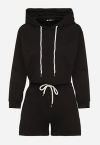 Born2be - Czarny Komplet Dresowy z Bawełną Bluza z Kapturem Krótszego Kroju i Szorty Ralophea. Kolor: czarny. Materiał: dresówka, bawełna. Sport: turystyka piesza