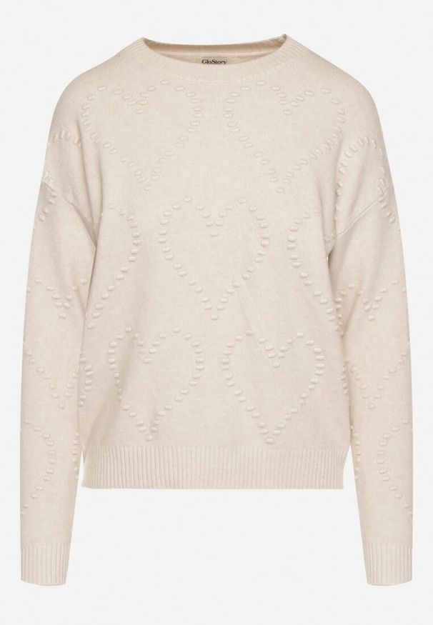 Born2be - Jasnobeżowy Sweter Ozdobiony Motywem Serc Unisae. Okazja: na co dzień. Kolor: beżowy. Materiał: jeans. Wzór: aplikacja. Styl: casual