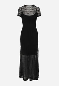 Renee - Czarna Wieczorowa Sukienka z Siateczki z Wiskozą na Krótki Rękaw Chareino. Okazja: na randkę, na wesele, na ślub cywilny. Kolor: czarny. Materiał: wiskoza. Długość rękawa: krótki rękaw. Styl: wizytowy. Długość: maxi #6