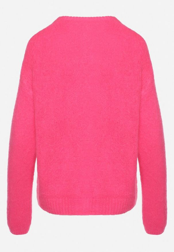 Born2be - Fuksjowy Klasyczny Kardigan z Wełną i Moherem Noloria. Okazja: na co dzień. Kolor: różowy. Materiał: wełna, moher. Długość rękawa: długi rękaw. Długość: długie. Wzór: aplikacja. Styl: klasyczny