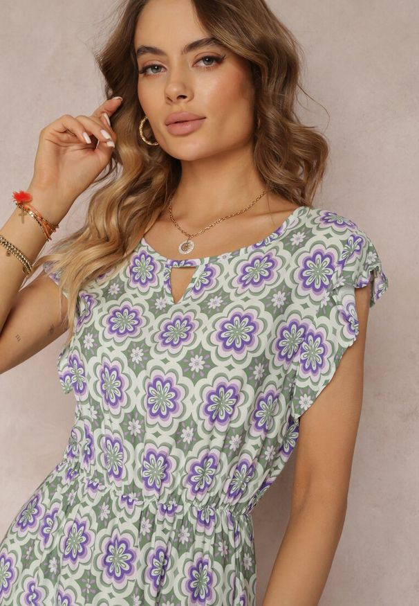 Renee - Zielono-Fioletowa Bawełniana Sukienka Mini w Mozaikowy Wzór z Gumką w Talii Fiyona. Kolor: zielony. Materiał: bawełna. Długość: mini